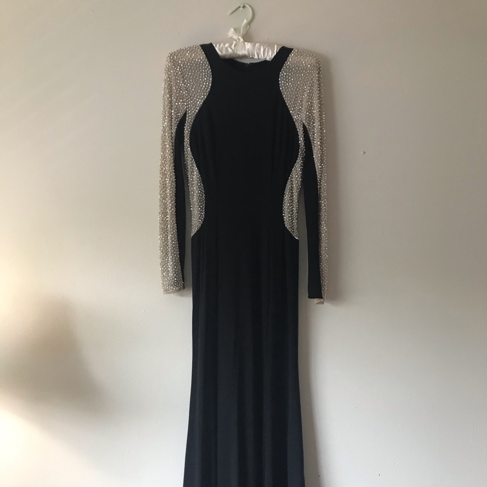 Formal long sleeve silver and black dress